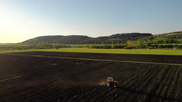 Luftaufnahme Des Sonnenuntergangs Über Dem Traktor Der Das Feld Eggt — Stockvideo