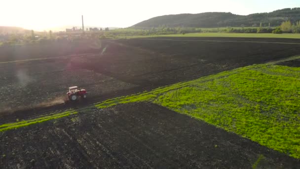 Luftaufnahme Des Sonnenuntergangs Über Dem Traktor Der Das Feld Eggt — Stockvideo