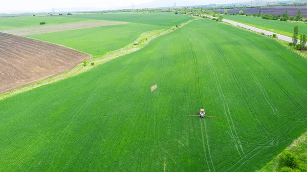 Luchtfoto Tractor Spuiten Van Chemicaliën Het Grote Groene Veld Het — Stockfoto