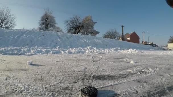 Vreugde Van Wintersport Moeder Zoon Spelen Hockey Een Bevroren Meer — Stockvideo