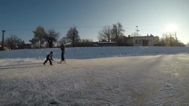 Alegria Dos Esportes Inverno Mãe Filho Jogando Hóquei Lago Congelado — Vídeo de Stock