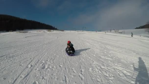 Freunde Treffen Sich Beim Wintersport Geschwister Skiurlaub Zum Rodeln — Stockvideo