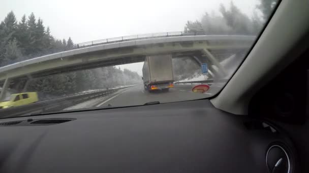 Shot Highway Interior Car Driving Slippery Road Overtaking Lorry — Stock Video