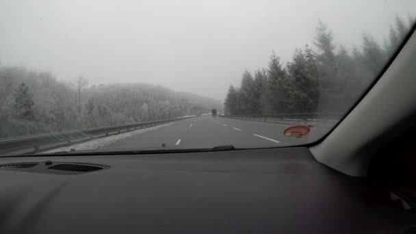 Shot Highway Interior Car Driving Slippery Road Overtaking Lorry — Stock Video