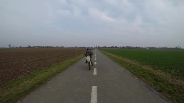 Boy Riding Bike Cycle Path — Stock Video
