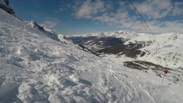 Skiing Eyes Skier Stabilized Track Record Skiing Beautiful Resort Europe — Stock Video