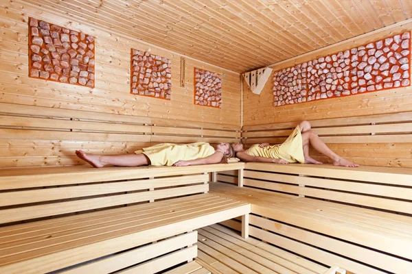 Beautiful young girlfriends get together to use relaxation in the spa. A relaxing sauna bath.
