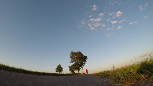 在日落时分奔跑 青年妇女在夏天下午锻炼 慢动作 — 图库视频影像