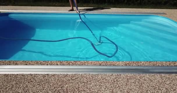 Cleaning Home Pool Woman Sucks Cleans Swimming Pool Seasonal Work — Stock Video