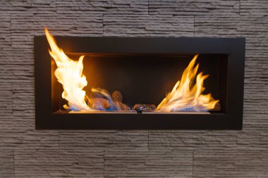 Kapalı bir biyo-alkol şöminesine yakın çekim. Sığ DOF.