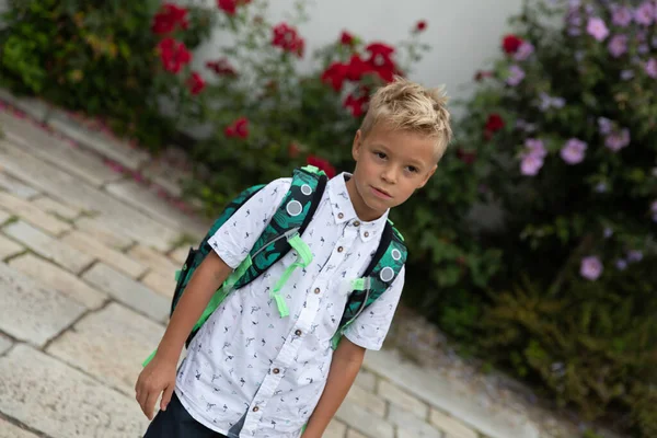 Μικρό Αγόρι Πηγαίνει Σχολείο Για Πρώτη Φορά Ξεκινάω Σχολείο Πρώτη — Φωτογραφία Αρχείου