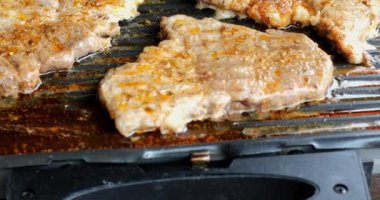 Açık hava barbekü partisi. Elektrikli ızgarada kızaran et yakınlaşması.