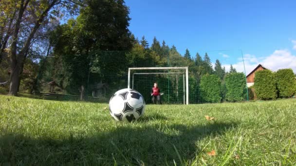 Crianças Pequenas Jogar Futebol Menino Atira Goleiro Alegra Com Gol — Vídeo de Stock