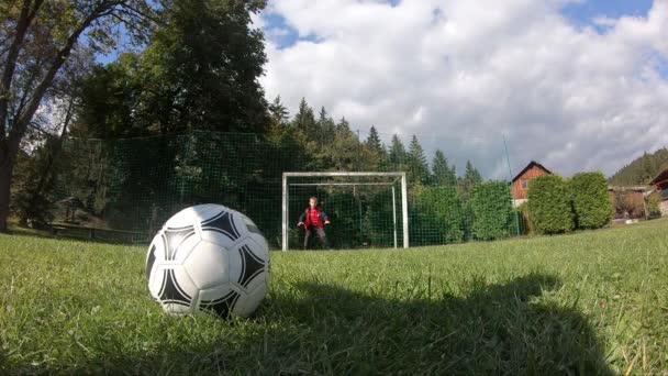 Crianças Pequenas Jogar Futebol Menino Atira Goleiro Alegra Com Gol — Vídeo de Stock