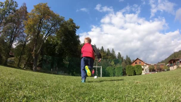 아이들이 축구를 합니다 소년이 골키퍼에게 골대를 합니다 — 비디오
