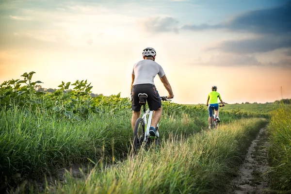 Hombre y mujer montando bicicletas en el campo — Foto de Stock