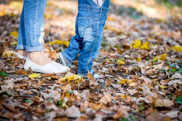 Piernas mamá con un niño pequeño caminando sobre hojas — Foto de Stock