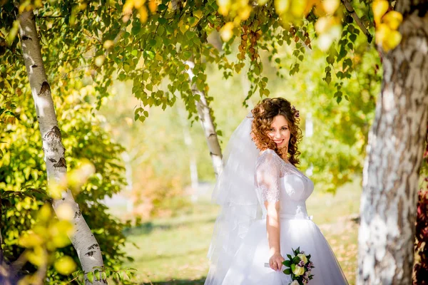 Mooie bruid permanent in de buurt van een boom in de herfst. — Stockfoto