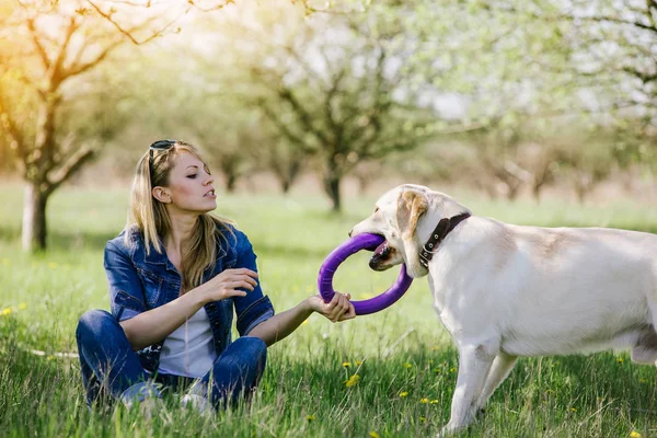 Bir av köpeği ile oynayan kadın