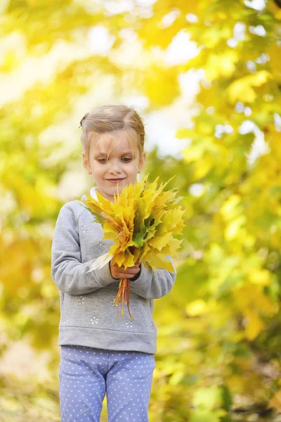 Bambina che gioca con foglie gialle nel parco autunnale — Foto Stock