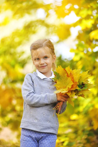 Bambina che gioca con foglie gialle nel parco autunnale — Foto Stock