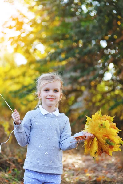 Маленька дівчинка грає з жовтим листям в осінньому парку — стокове фото