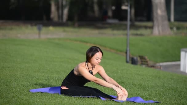 En ung kvinna utövar yoga i en park på hösten morgon.. — Stockvideo