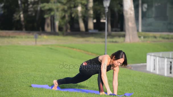 若い女性が秋の朝公園でヨガを練習しています. — ストック動画