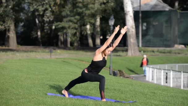 Genç bir kadın sonbahar sabahı parkta yoga yapıyor.. — Stok video