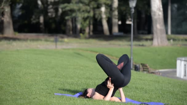 Genç bir kadın sonbahar sabahı parkta yoga yapıyor.. — Stok video