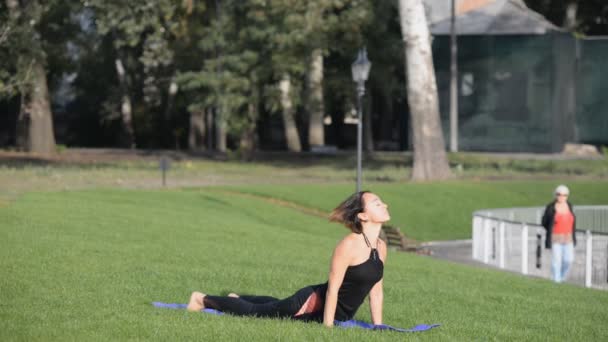 Genç bir kadın sonbahar sabahı parkta yoga yapıyor.. — Stok video