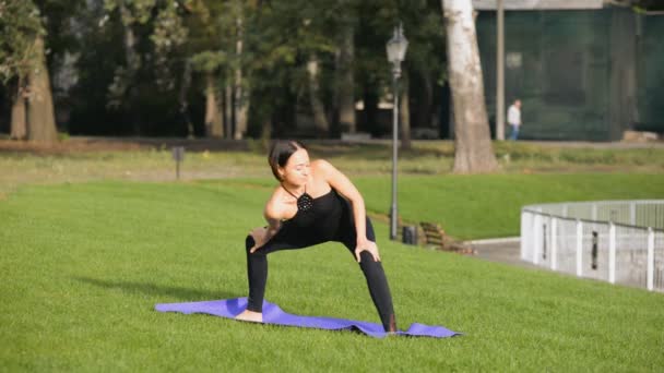 Eine junge Frau praktiziert am Herbstmorgen Yoga in einem Park. — Stockvideo