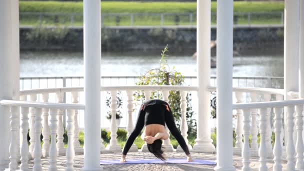 Una joven yoga está practicando yoga en el parque en la casa de verano en la casa de verano . — Vídeo de stock