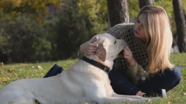 Blondynka bawi się jej labrador w jesienny park — Wideo stockowe