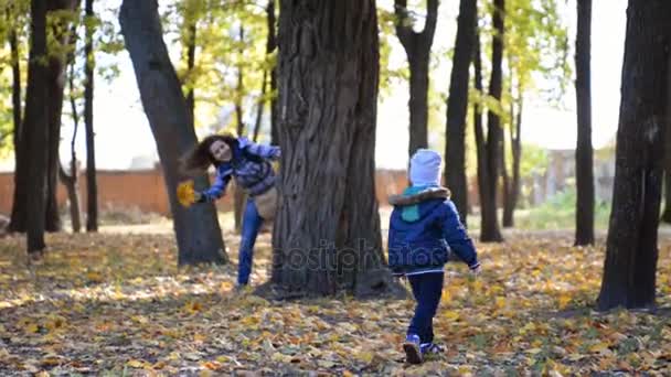 Mom and his little son are playing in the park. — Stock Video