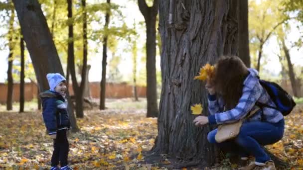 Moeder en zijn zoontje spelen in het park. — Stockvideo