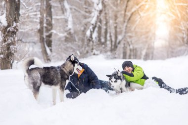 Baba ve oğul kışın köpeklerle parkta yürüyorlar..