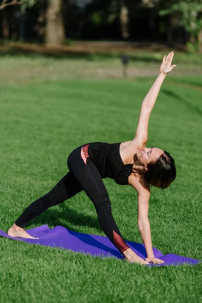 A menina está envolvida em ioga no parque na grama . — Fotografia de Stock