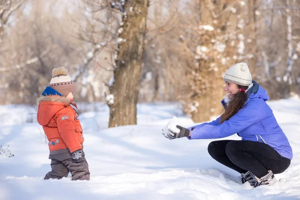 Mulher com uma criança pequena no parque para uma caminhada de inverno . — Fotografia de Stock