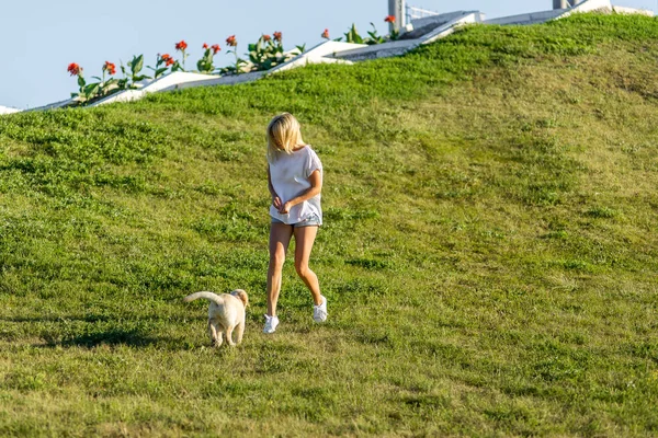 漂亮的女孩和一只小狗拉布拉多犬一起玩. — 图库照片