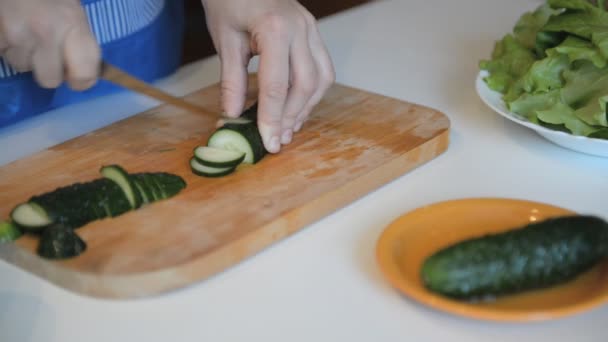 Woman Cutting Cucumber Knife Wooden Board — Stock Video