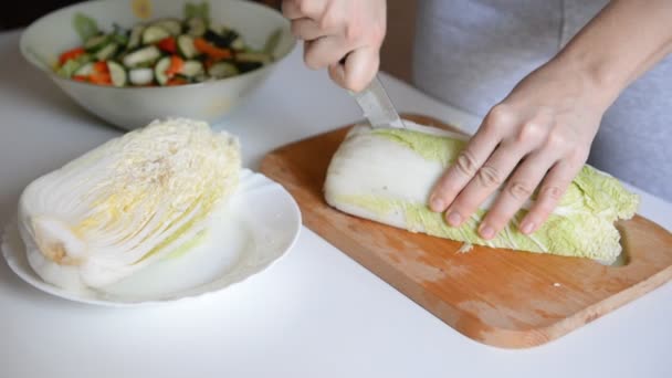 Chef Kok Snijdt Chinese Kool Voor Salade — Stockvideo