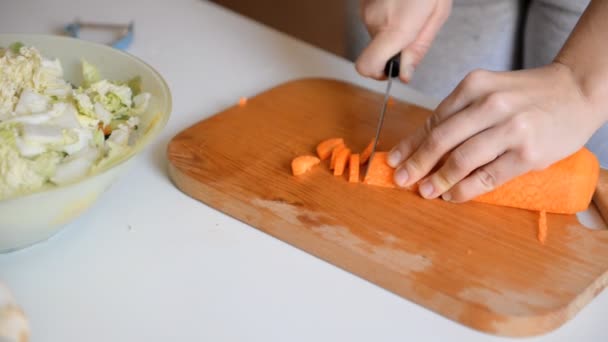 Cozinheiro Corta Cenouras Para Jantar — Vídeo de Stock