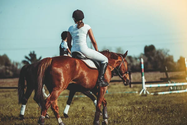 Egy nő jockey vesz részt versenyeken a lovas sport, ugrás. — Stock Fotó