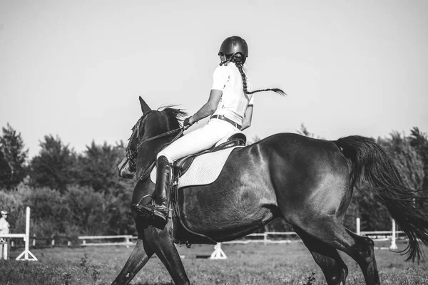 Una mujer jinete participa en competiciones en el deporte ecuestre, saltando . — Foto de Stock