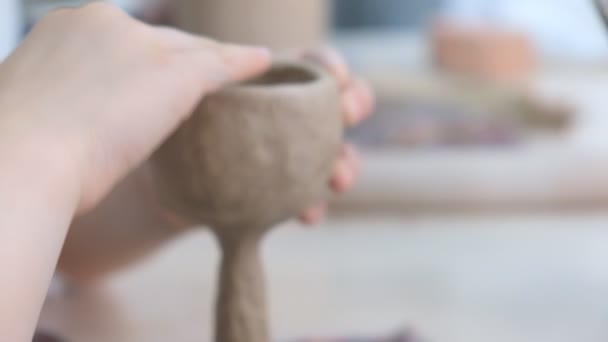 Einer Keramikwerkstatt Lernt Das Kind Verschiedene Arten Von Tonerzeugnissen Formen — Stockvideo