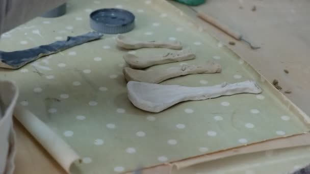 The child learns to mold different kinds of clay products in a ceramic workshop. The child works independently with clay in a lesson in a creative lesson. — Stock Video