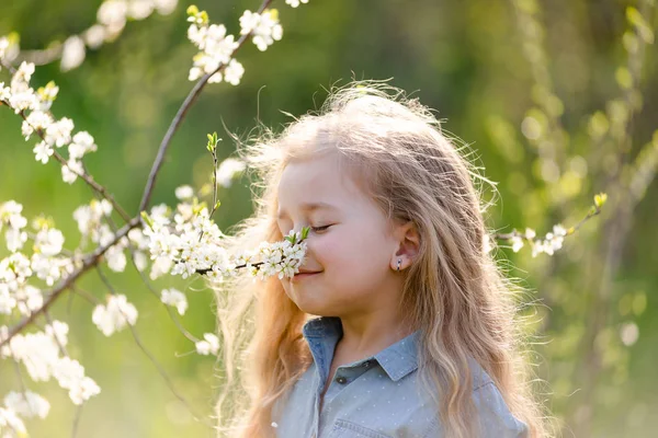 Piccola ragazza carina bionda con i capelli lunghi annusa un ramo d'albero in fiore nel parco in primavera. — Foto Stock