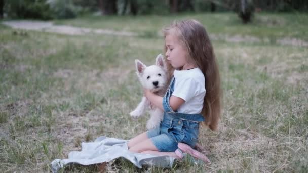 Cute little girl sits on the grass and holds a white puppy in her arms in the summer. — Stockvideo