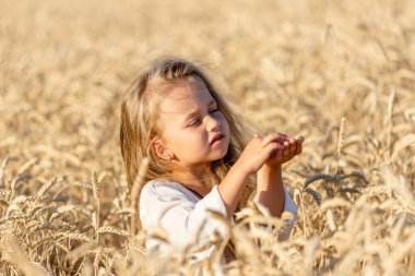 Küçük sarışın kız yazın bir buğday tarlasında durur ve gülümser.